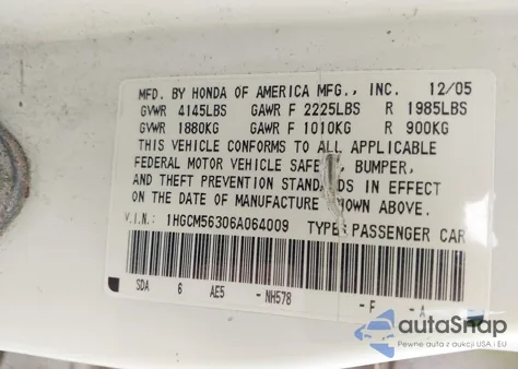 2006 Honda Accord 2.4 Se z USA, uszkodzony, nr VIN 1HGCM56306A064009